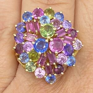 Vintage 14K Yellow Gold Rainbow GEMSTONE Cluster Statement Ring Size 7.25 BEAUTY